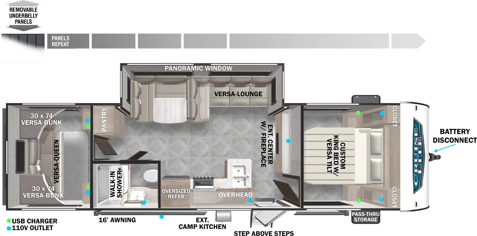 The 28VBXL has one slideout and one entry. Exterior features include a 16 foot awning, exterior camp kitchen, step above entry steps, front pass-thru storage, battery disconnect, and removable underbelly panels. Interior layout front to back: versa-tilt custom king bed with closets on each side; entertainment center with fireplace along inner wall; off-door side slideout with versa lounge/u-dinette and panoramic window; door side entry and kitchen with peninsula countertop with sink, overhead cabinet, and oversized refrigerator; door side full bathroom with walk-in shower; off-door side pantry along inner wall; rear bunk room with versa bunks on each side above a versa queen.